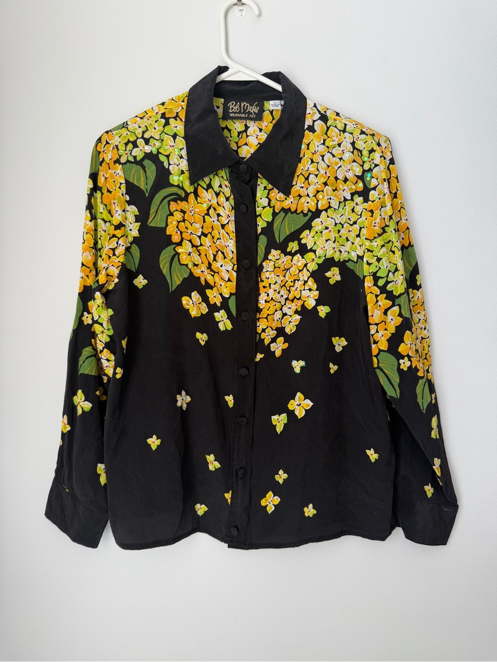 Bob Mackie Wearable Art Silk Button Down Shirt with Yellow Flowers Size Small